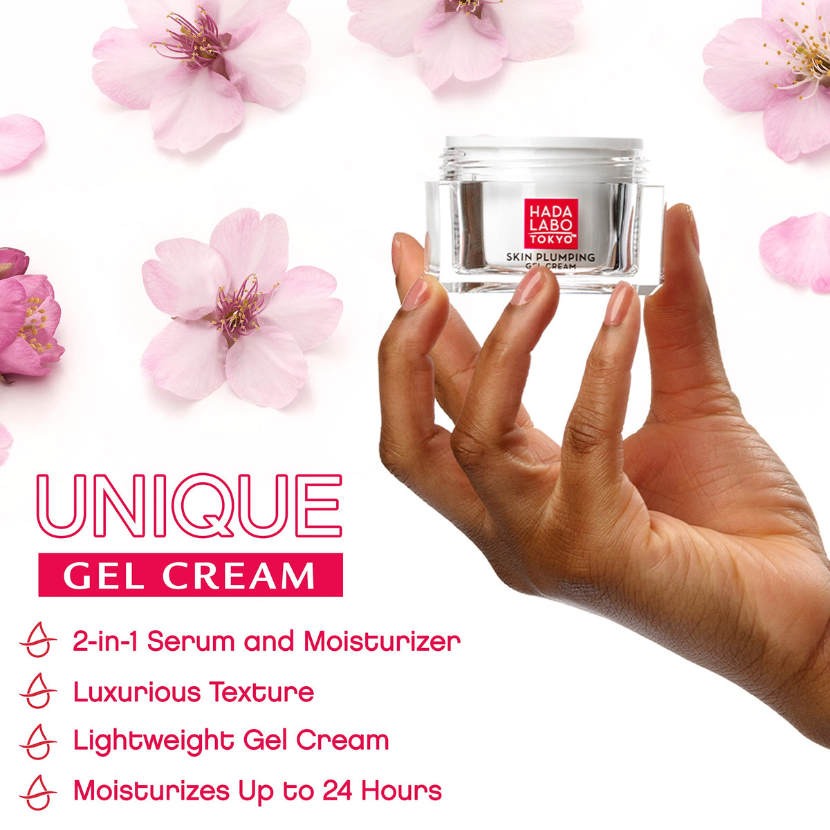 Hada Labo Tokyo open jar showing smooth gel-cream texture and quick absorption