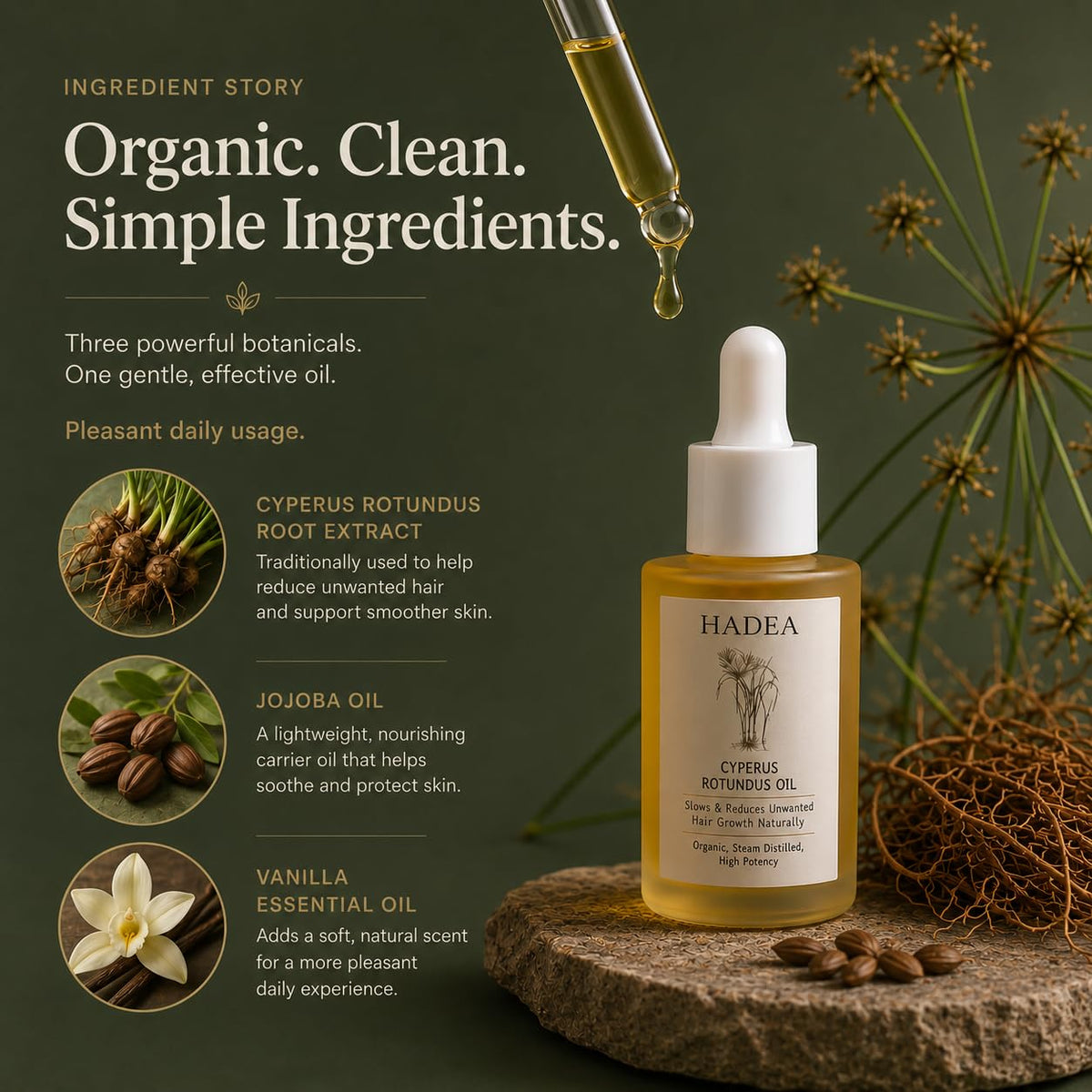 HADEA Cyperus oil applied to skin demonstrating soothing post-hair-removal care