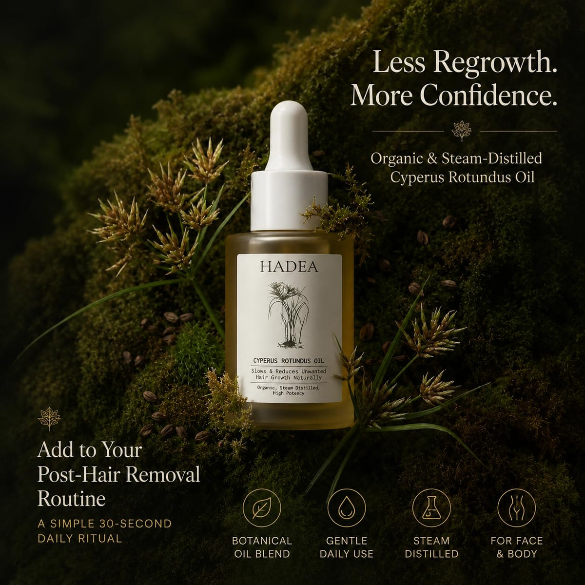 HADEA Cyperus oil with nutgrass and leaves highlighting natural steam-distilled origin