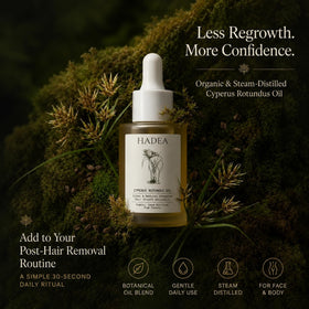 HADEA Cyperus oil with nutgrass and leaves highlighting natural steam-distilled origin