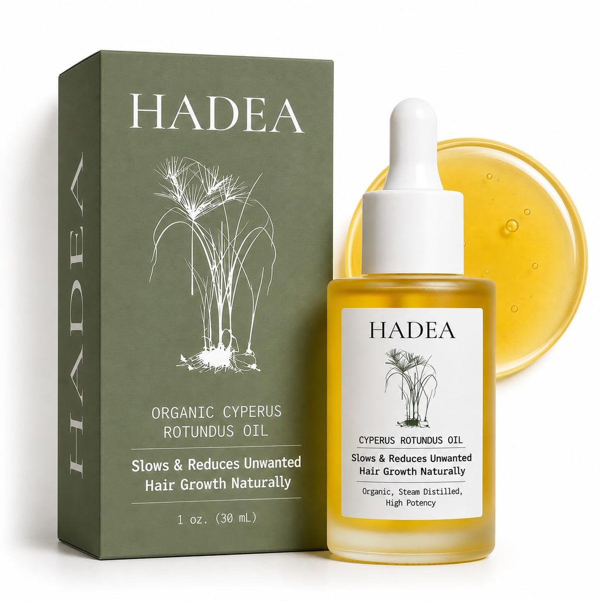 HADEA bottle front label showing Cyperus oil and organic quality benefits