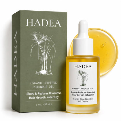 HADEA bottle front label showing Cyperus oil and organic quality benefits