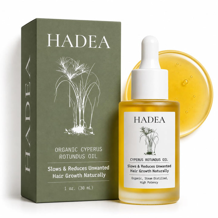 HADEA bottle front label showing Cyperus oil and organic quality benefits