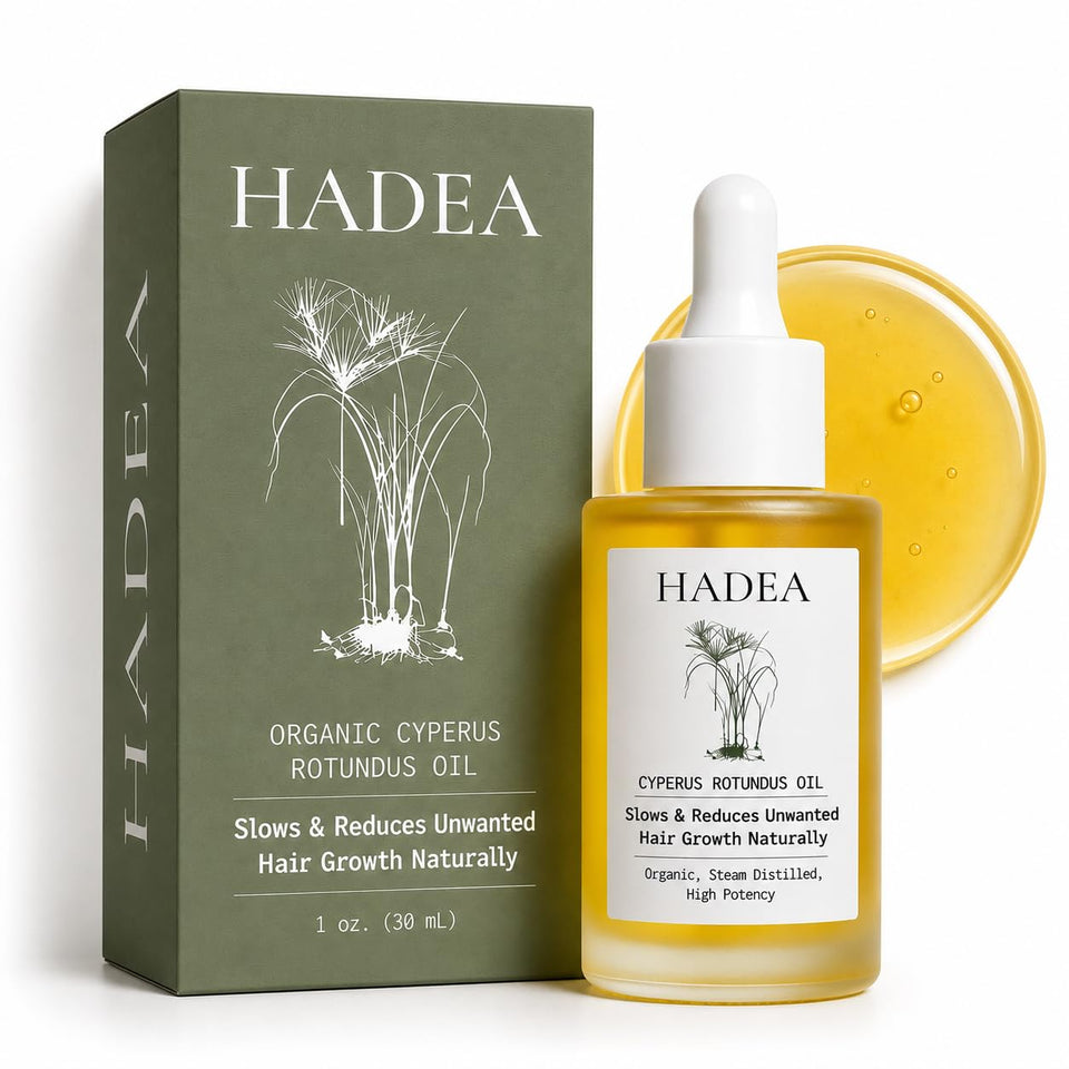 HADEA bottle front label showing Cyperus oil and organic quality benefits