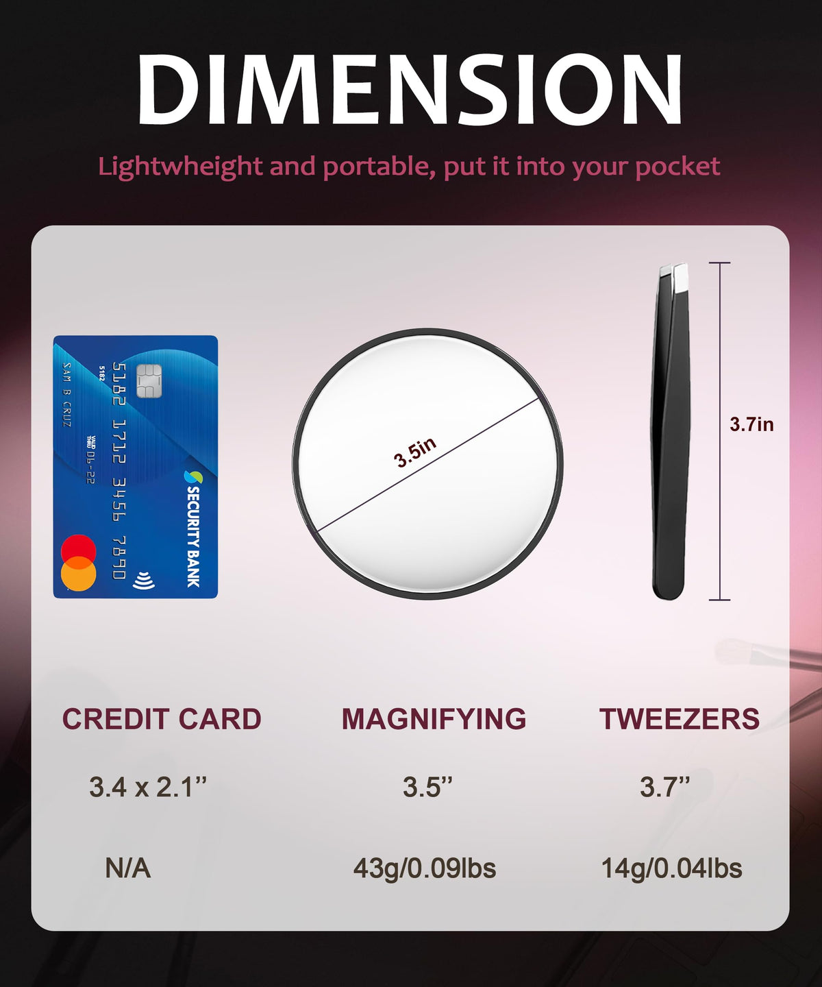 Haikopoon mirror next to credit card for scale, compact and portable