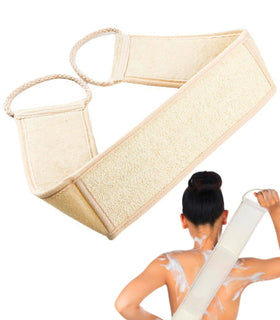 haikuluo front view showing full loofah strap and packaging, easy reach benefit