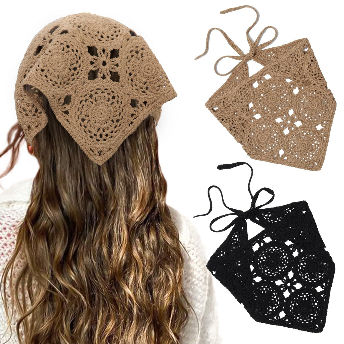 HAIMEIKANG front view of black and coffee crochet bandana, shows elegant finish
