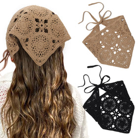 HAIMEIKANG front view of black and coffee crochet bandana, shows elegant finish