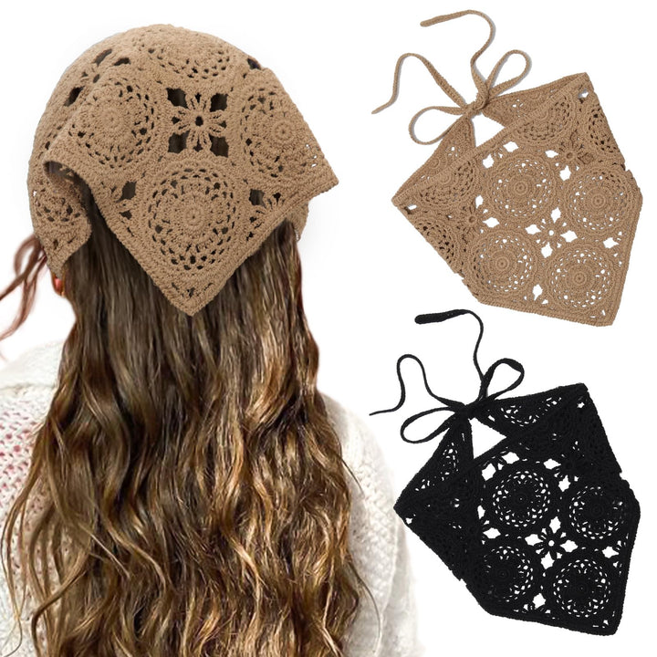HAIMEIKANG front view of black and coffee crochet bandana, shows elegant finish