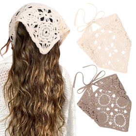 HAIMEIKANG front view of white and coffee crochet bandana showing vintage look and everyday comfort