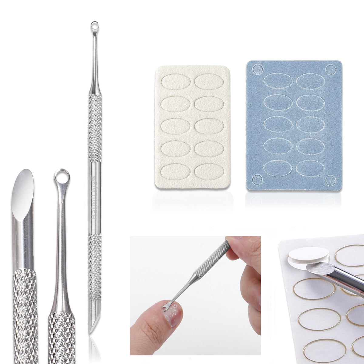 HaimiLiya front view of dual-ended cuticle pusher showing full tool and sandpaper set benefit