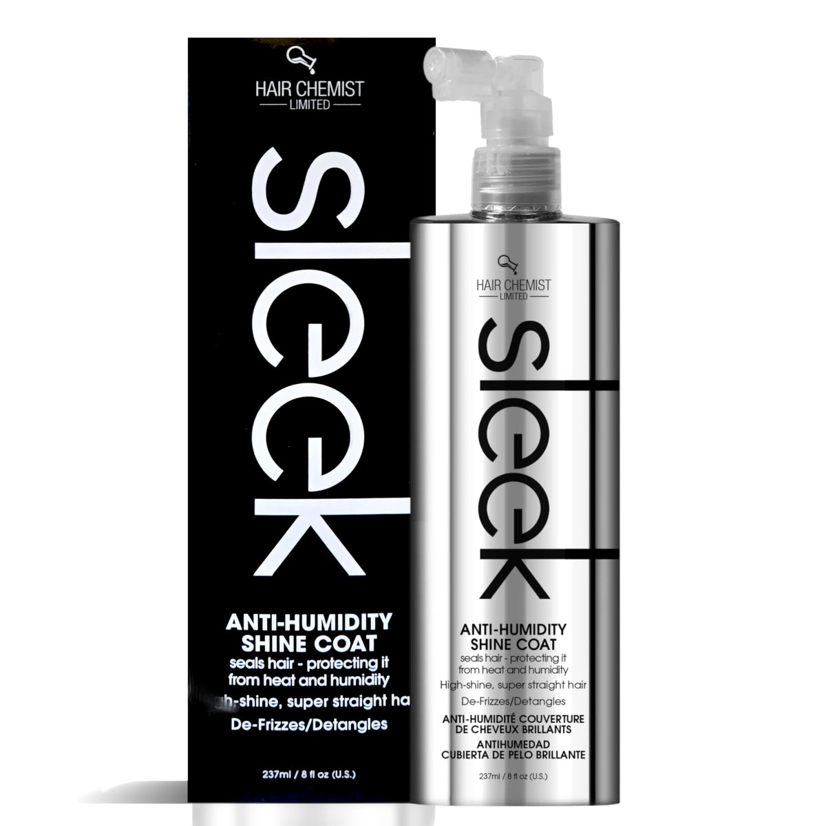 Hair Chemist front packaging showing 8 oz bottle and sleek branding benefit shine