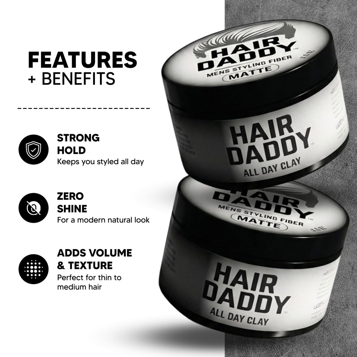 HAIR DADDY close-up of clay texture highlighting fibrous matte finish for strong hold