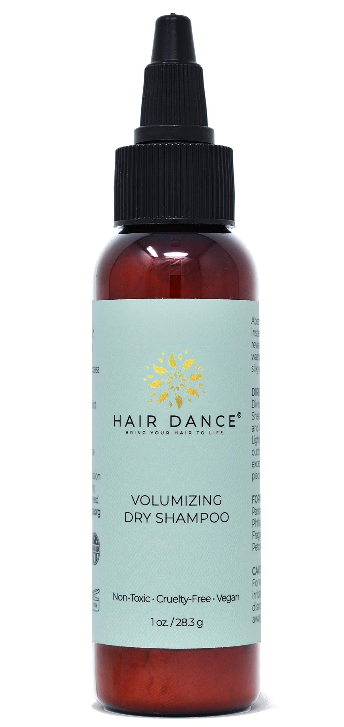 Hair Dance front packaging showing compact dry shampoo bottle and benefits
