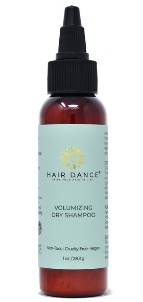 Hair Dance front packaging showing compact dry shampoo bottle and benefits
