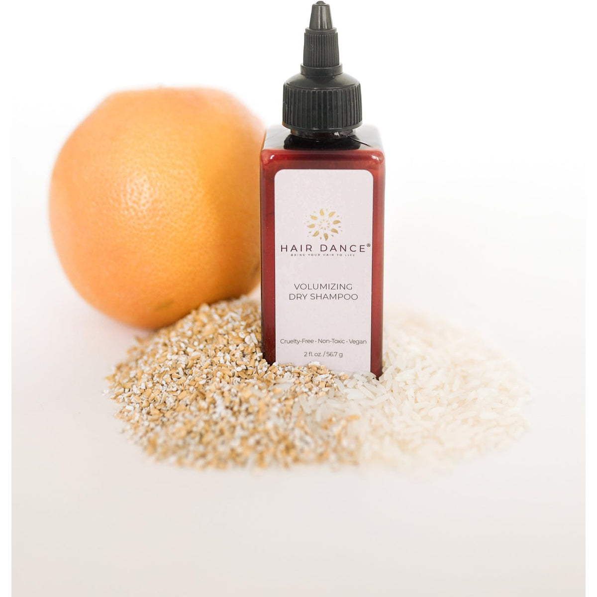Hair Dance ingredients label showing talc-free and paraben-free formulation