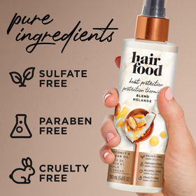 Spraying Hair Food onto damp hair before blow-dry to help protect from heat