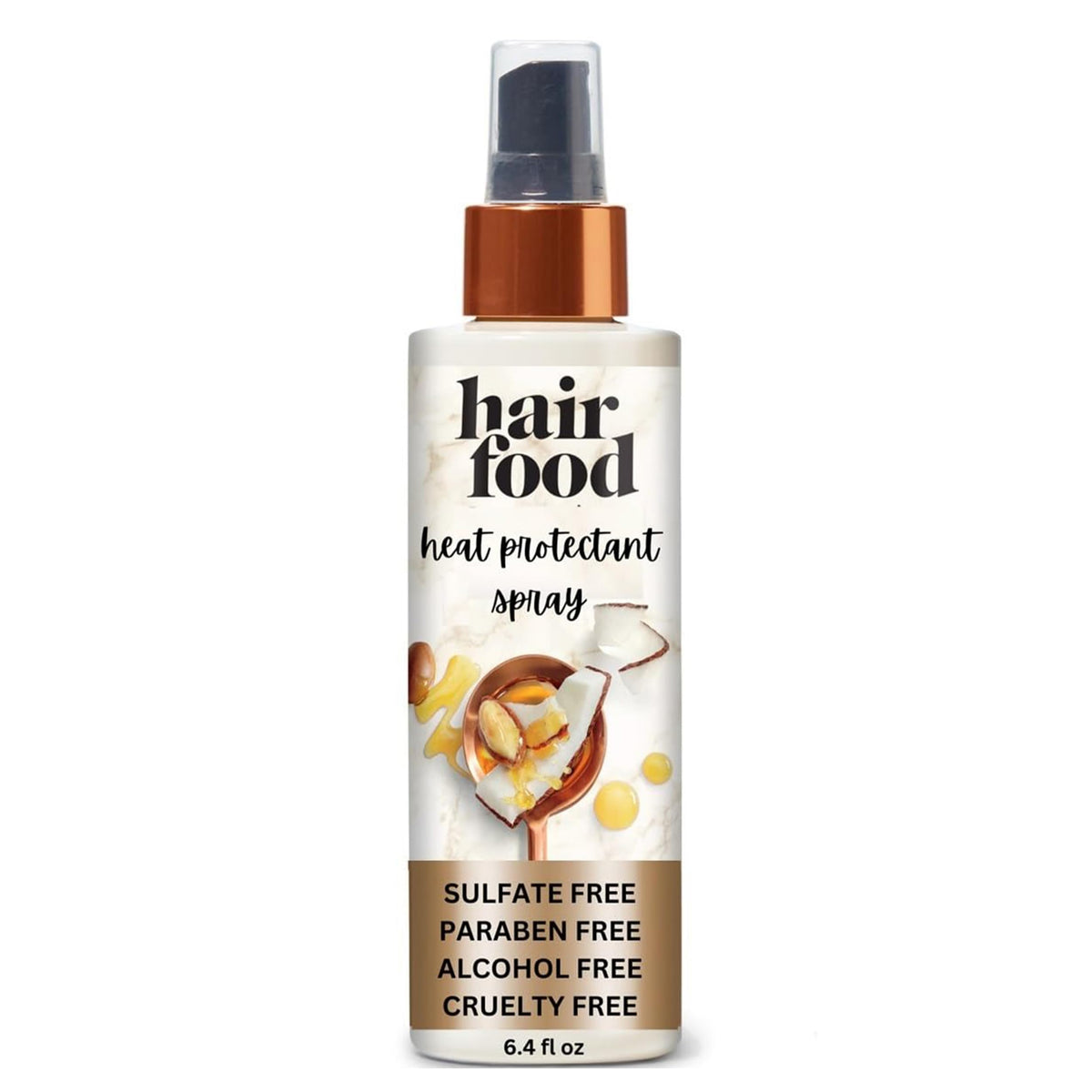 Hair Food front packaging showing coconut and argan oils and benefit of heat protection