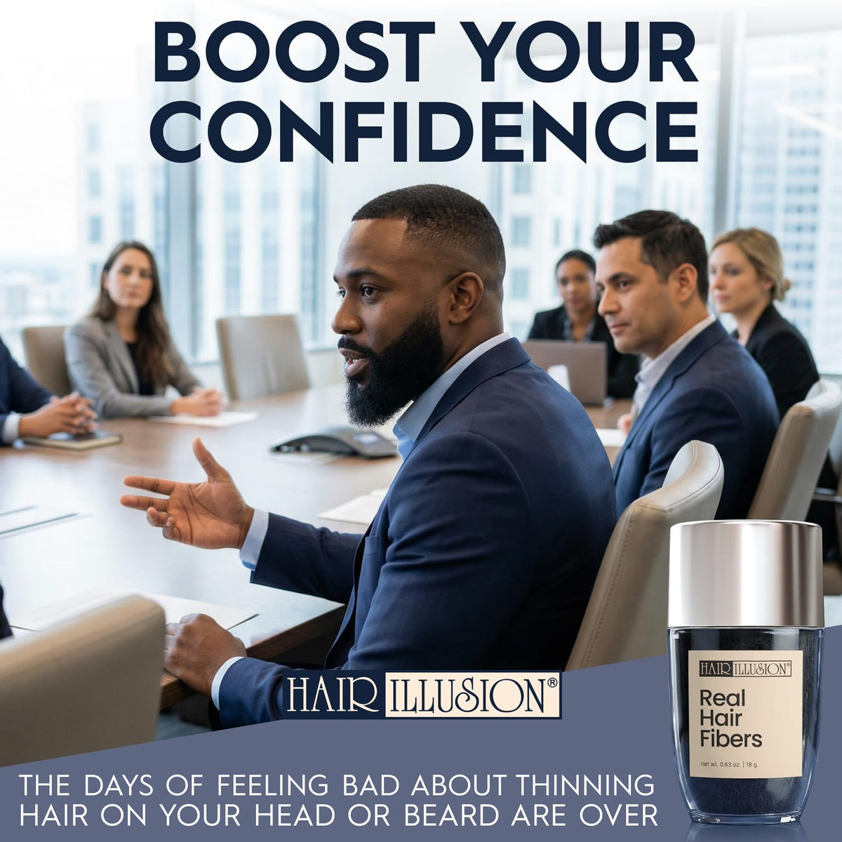 Hair Illusion lifestyle image of person smiling with fuller hair for renewed confidence