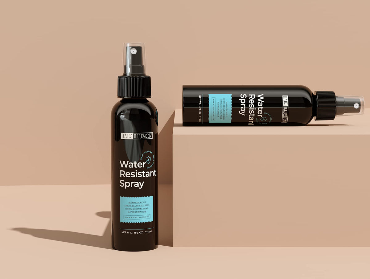 Hair Illusion being used outdoors in rain to show moisture resistance
