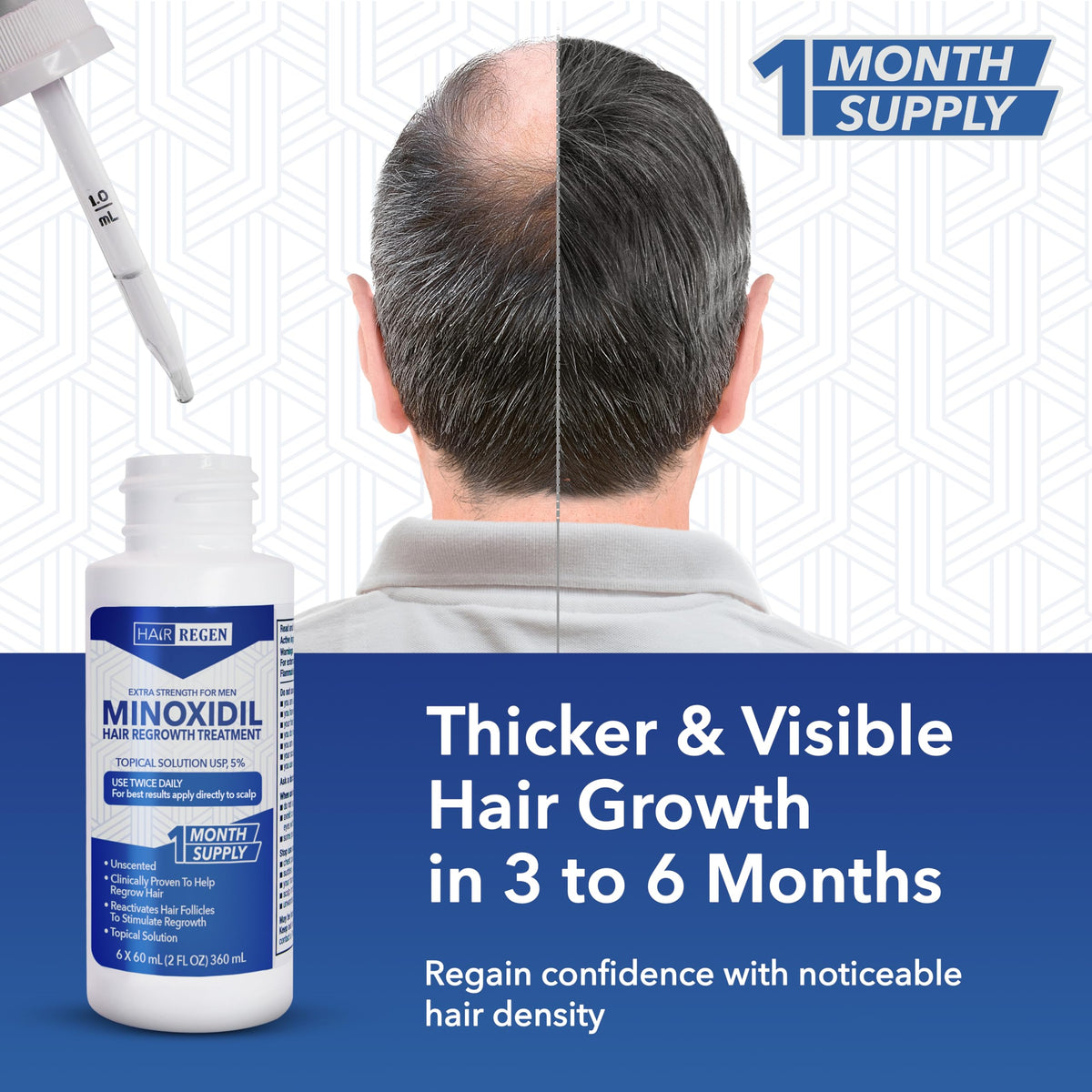 Hair Regen bottle label close-up highlighting 5% minoxidil strength and clarity