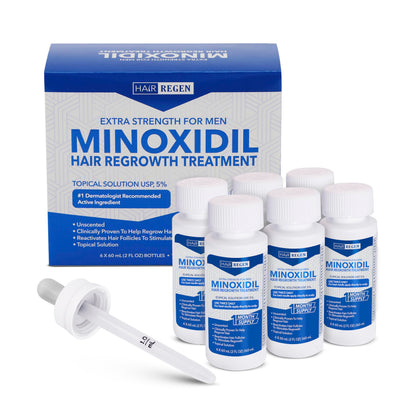 Hair Regen front package showing six 5% minoxidil bottles for consistent supply