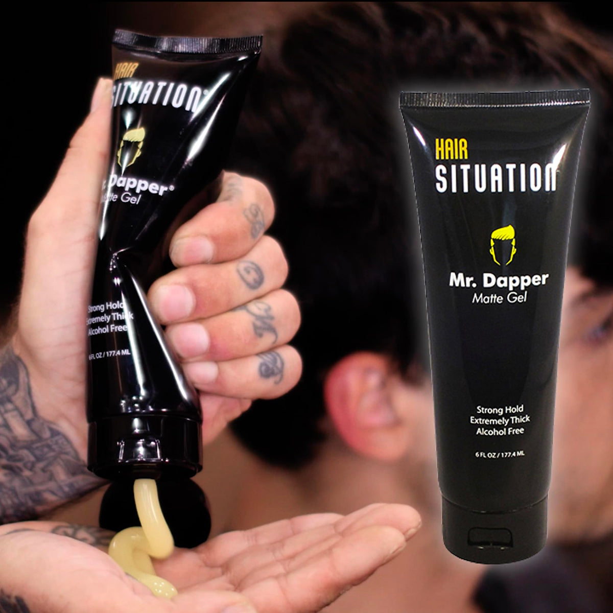 Hair Situation Mr. Dapper size comparison with hand indicating 6 fl oz portability benefit