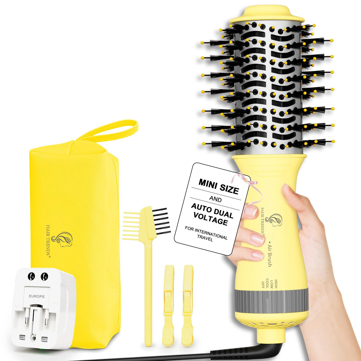 Hair trends front packaging showing compact travel blow dryer brush and benefits