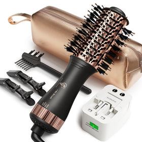 Hair trends front view of travel hot air brush showing compact design and controls for easy styling