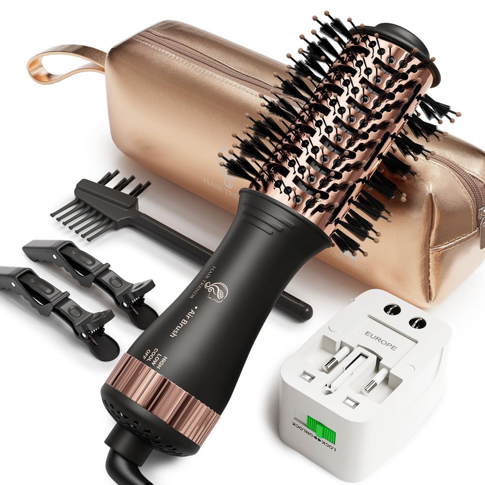 Hair trends front view of travel hot air brush showing compact design and controls for easy styling