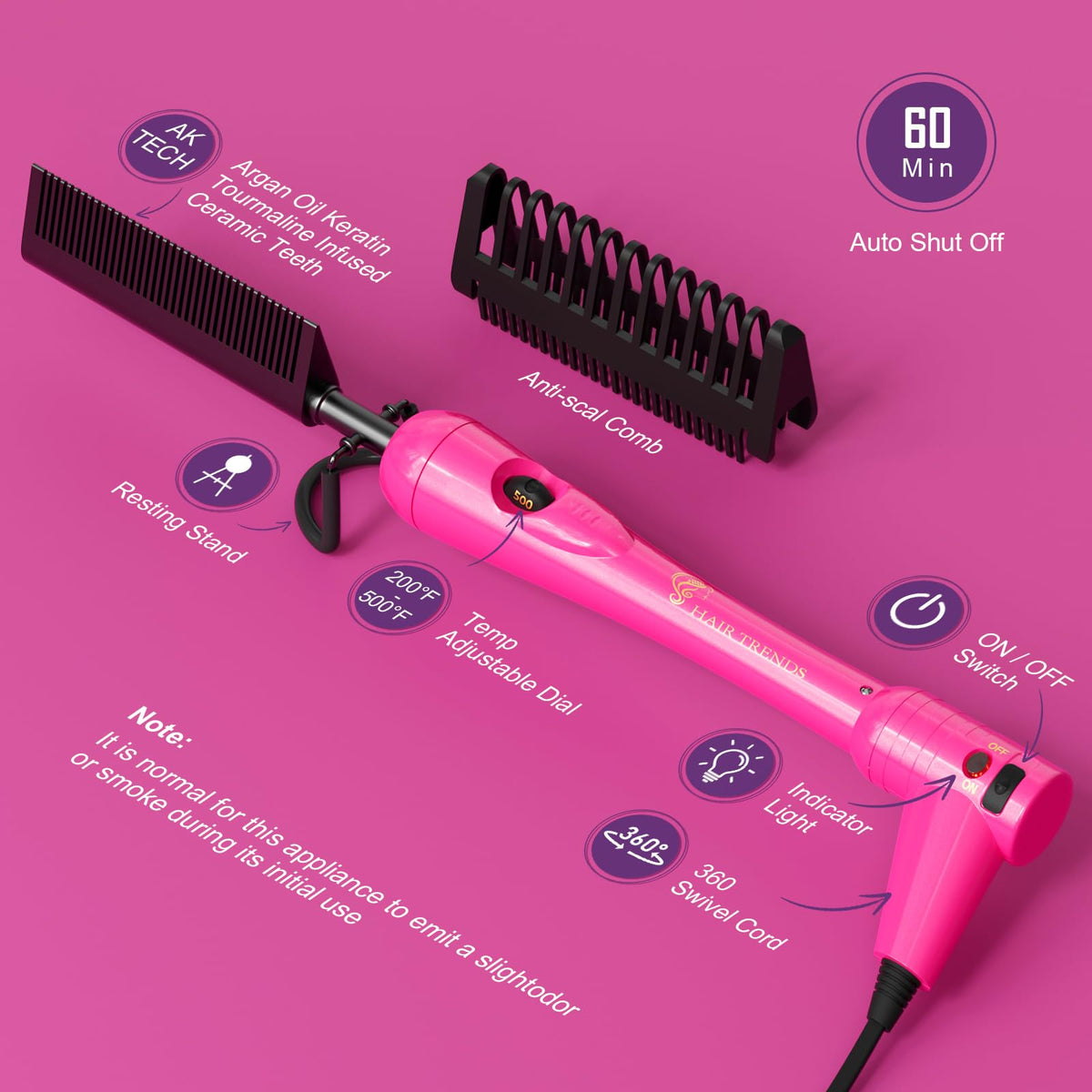 Hair Trends hot comb held in hand showing size and lightweight comfort for easy use