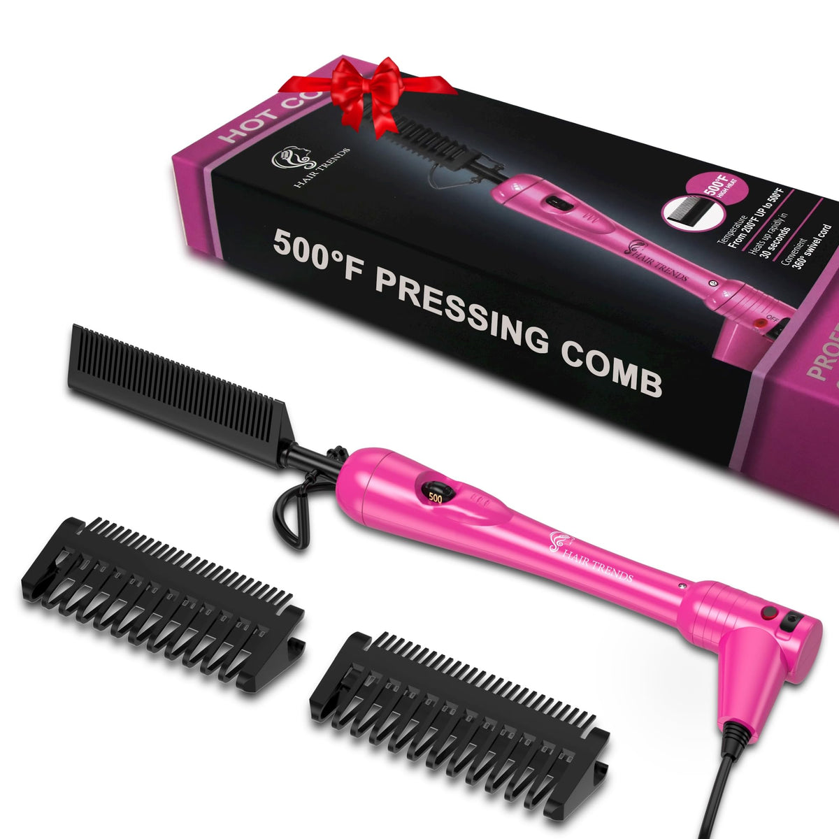 Hair Trends mini hot comb front view showing compact pink body and cord, portable styling benefit