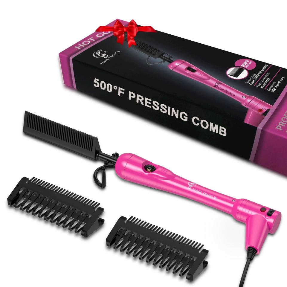 Hair Trends mini hot comb front view showing compact pink body and cord, portable styling benefit