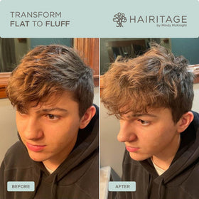 Hairitage powder applied with fingers for instant volumizing effect