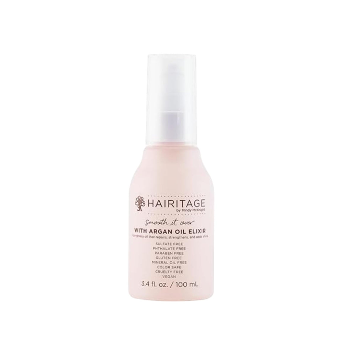 Hairitage front packaging showing argan oil spray for smooth, shiny hair