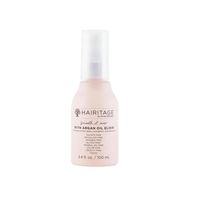 Hairitage front packaging showing argan oil spray for smooth, shiny hair