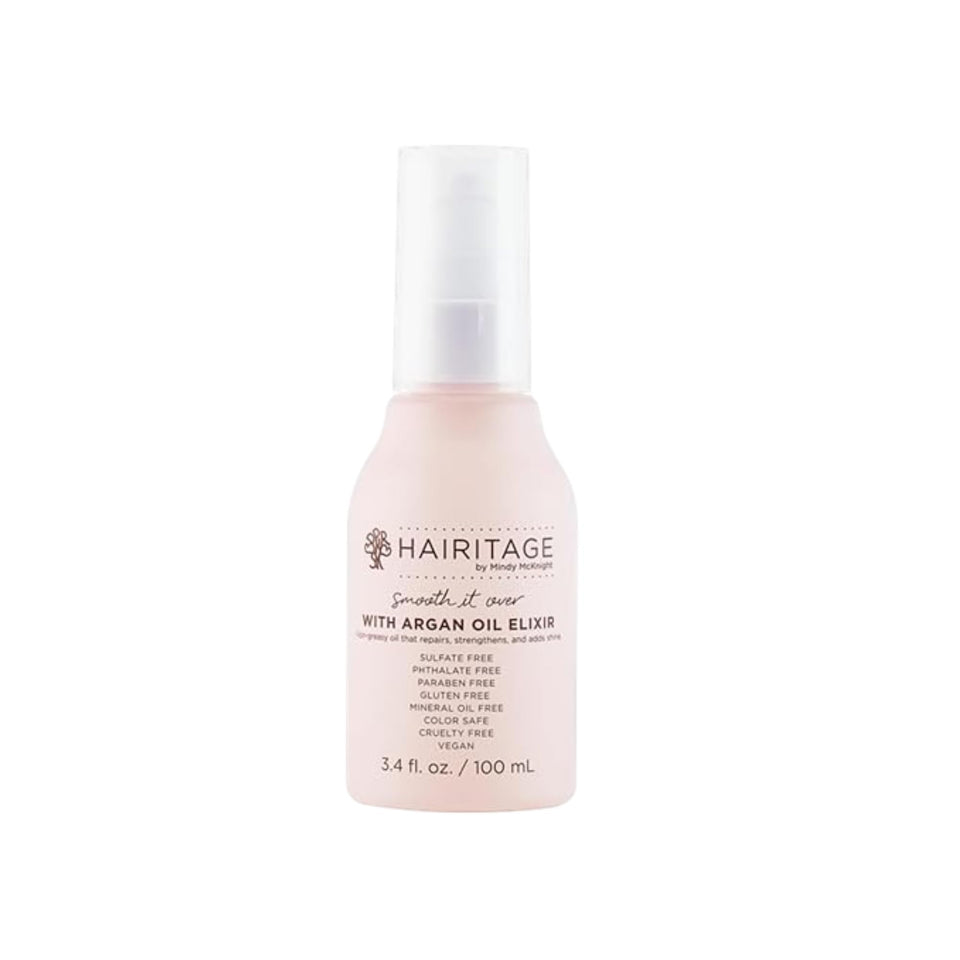 Hairitage front packaging showing argan oil spray for smooth, shiny hair