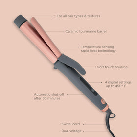 Hairitage Curl Envy ceramic tourmaline barrel close-up highlighting smooth finish that reduces frizz