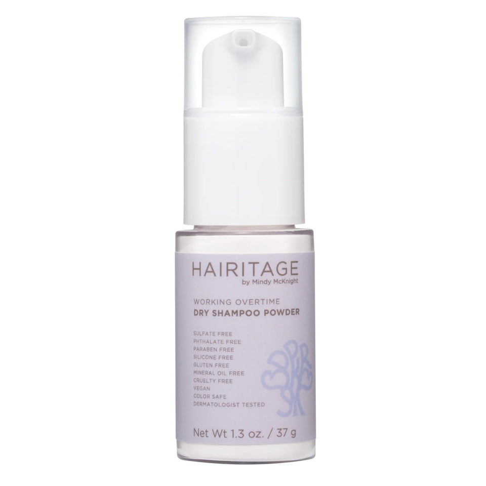 Hairitage front packaging showing travel-size dry shampoo and mattifying benefit