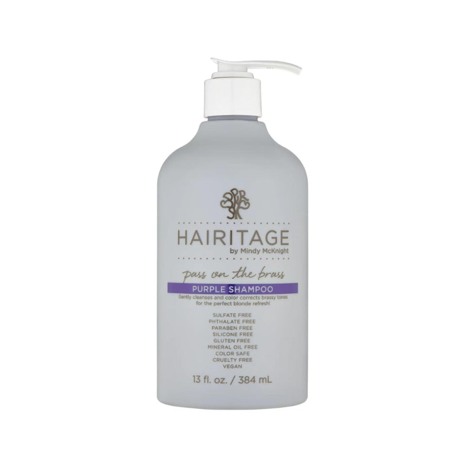 Hairitage front bottle shot showing branding and benefit of brass control