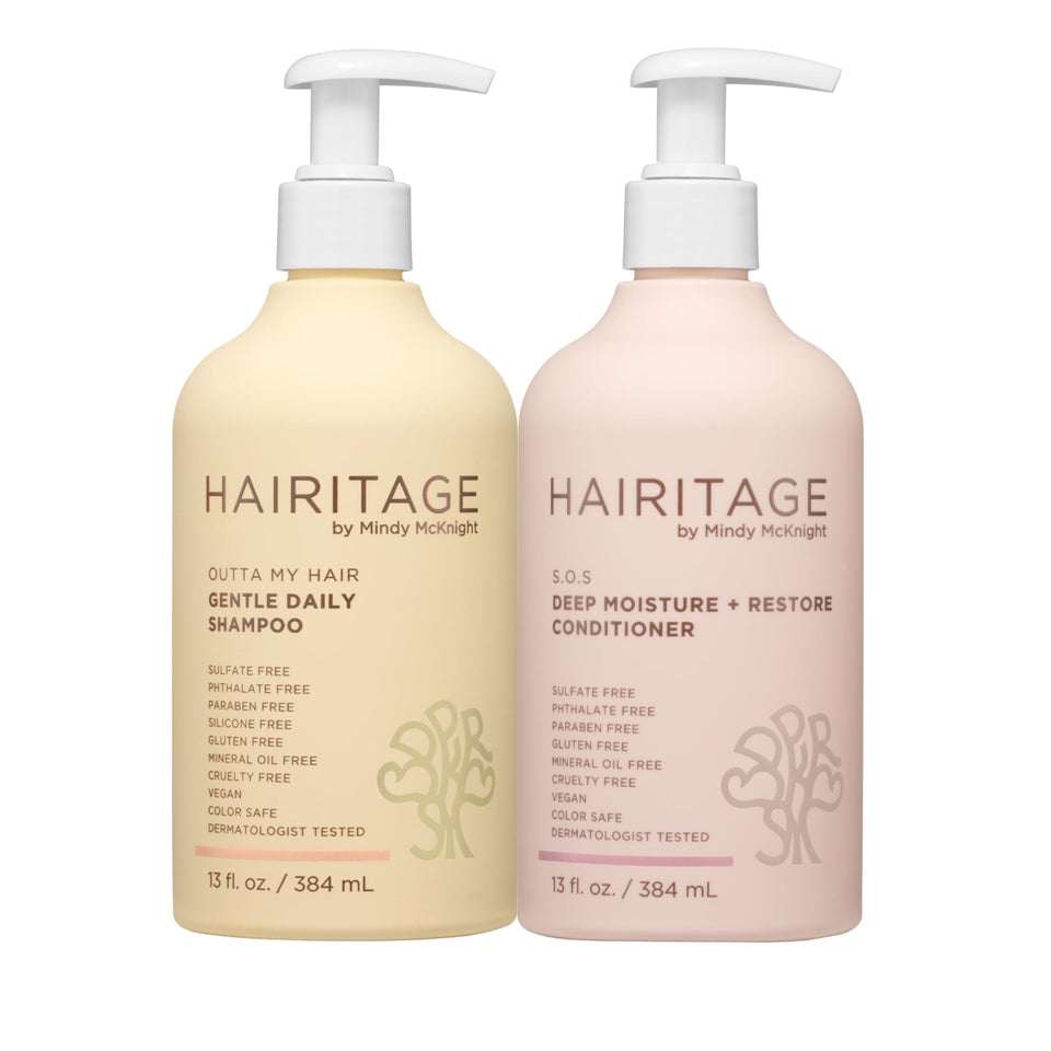Hairitage front packaging showing both 13oz bottles and benefits
