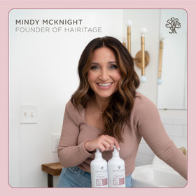 Hairitage styled bathroom shelf lifestyle shot conveying salon-quality results at home
