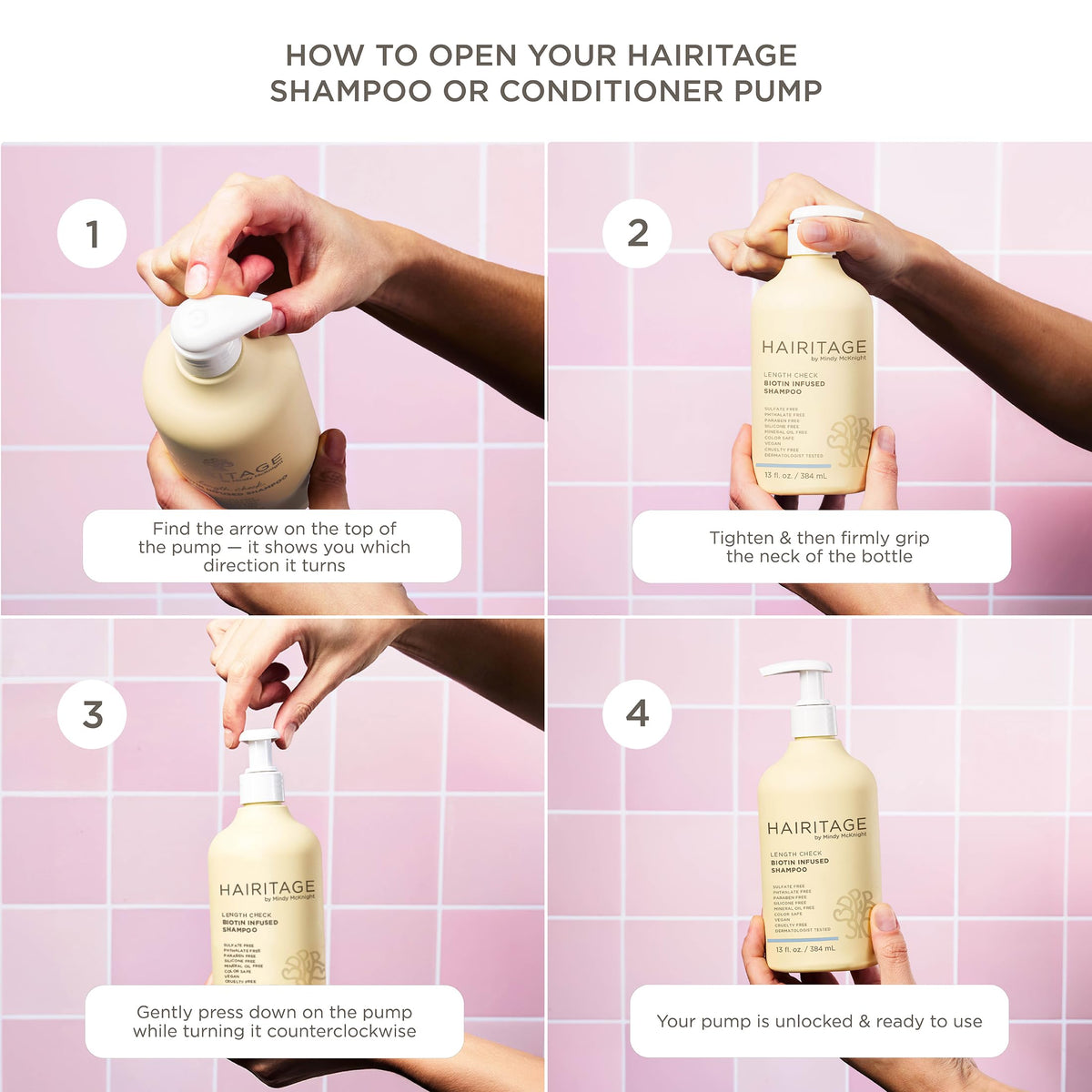 Hairitage bottle beside a hand for scale showing 13 fl oz size and travel-friendly benefit