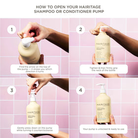 Hairitage bottle beside a hand for scale showing 13 fl oz size and travel-friendly benefit