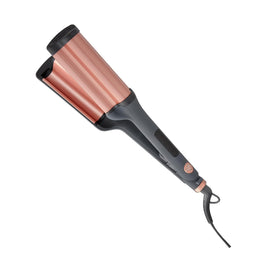 Hairitage three-barrel curling iron front view showing pink barrels and handle, smooth styling