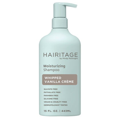 Hairitage front bottle showing label and clean vanilla benefit