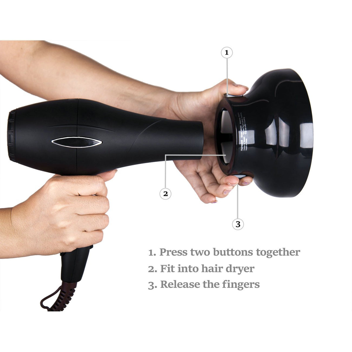 Hairizone diffuser attached to a blow dryer nozzle for universal compatibility