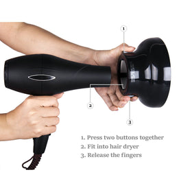 Hairizone diffuser attached to a blow dryer nozzle for universal compatibility