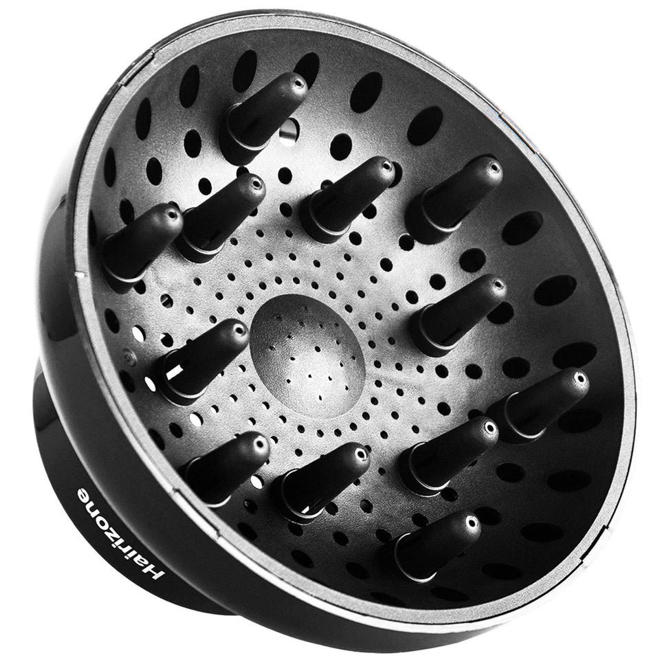 Hairizone front view of shiny black diffuser showing shape and benefits