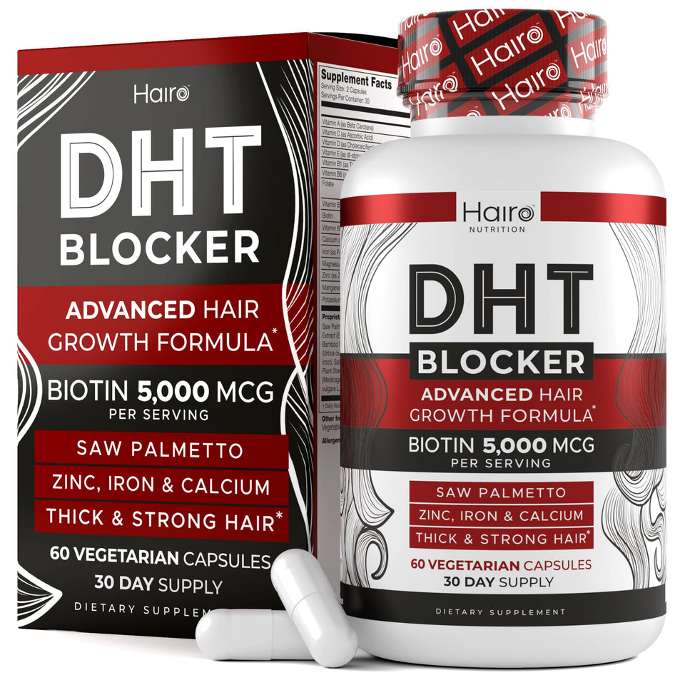 Hairo Nutrition bottle front facing camera shows supplement benefits